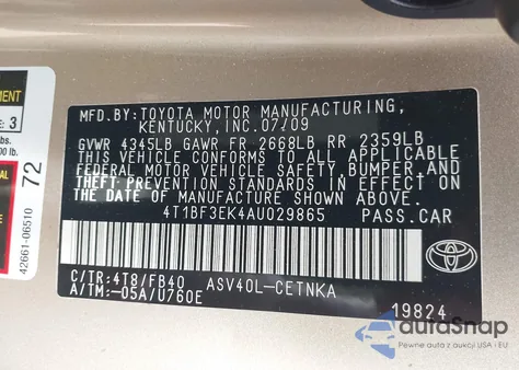 2010 Toyota Camry Se/Le/Xle z USA, uszkodzony, nr VIN 4T1BF3EK4AU029865